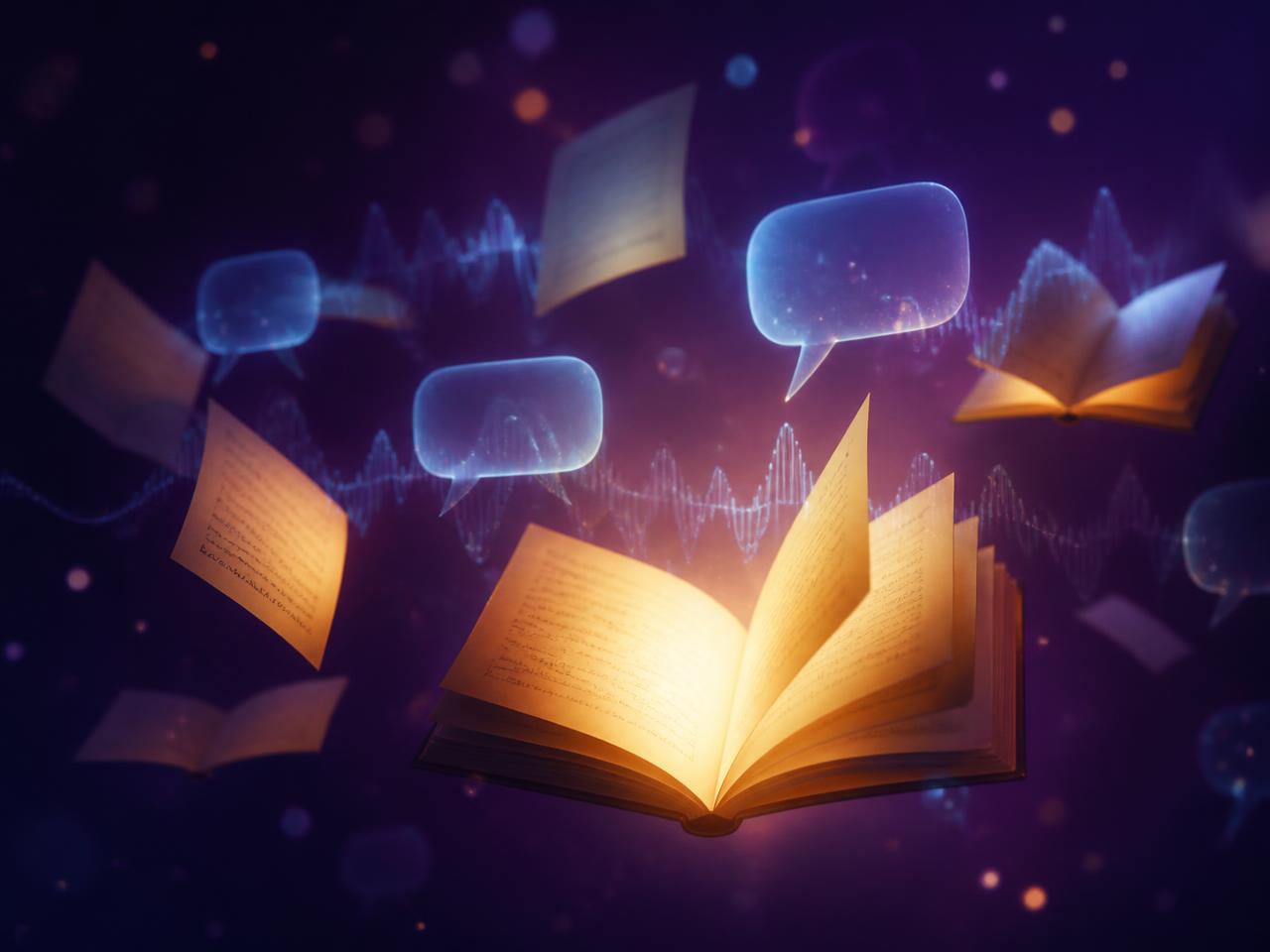 Glowing open script pages floating in deep purple light with dialogue bubbles and sound waves