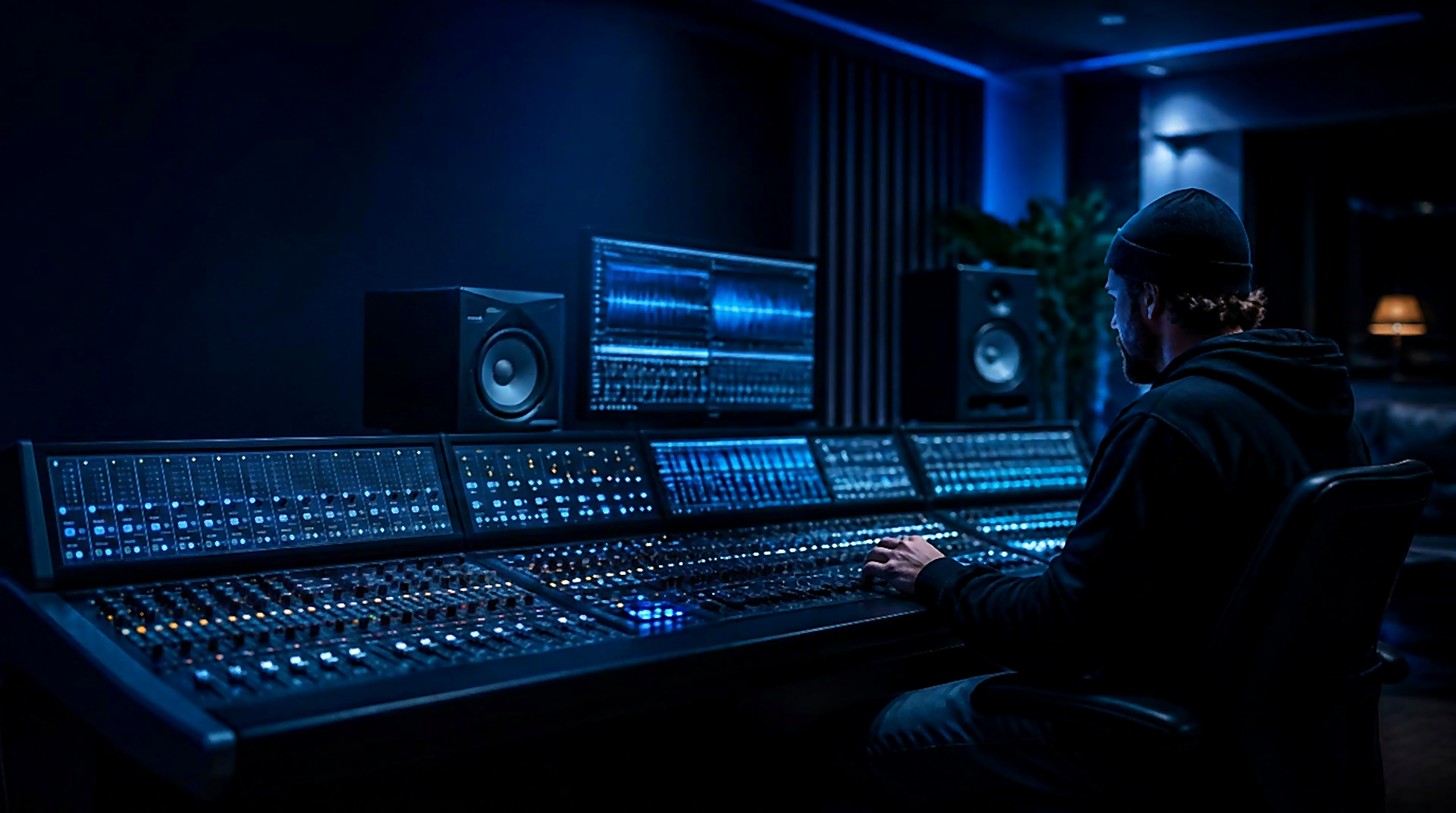 DK47 MX24 studio mixing desk with channel faders, gain knobs and metering screens