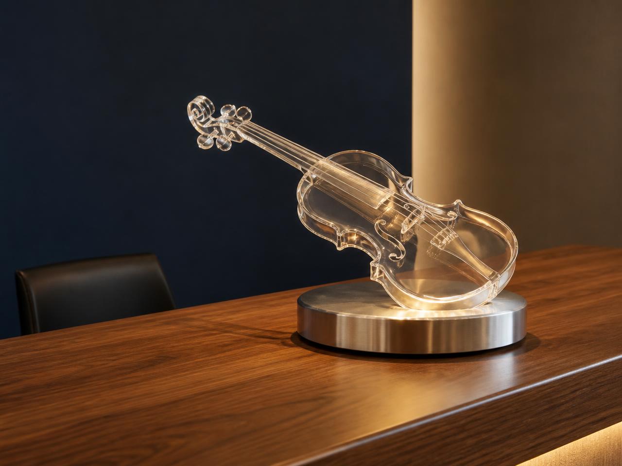 Transparent crystal violin on a polished silver base, resting on a warm walnut reception desk