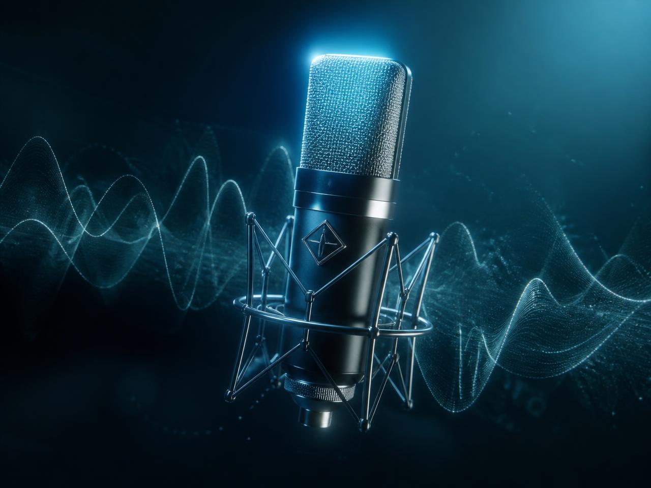 Glowing studio microphone floating in deep teal light with soft sound waves